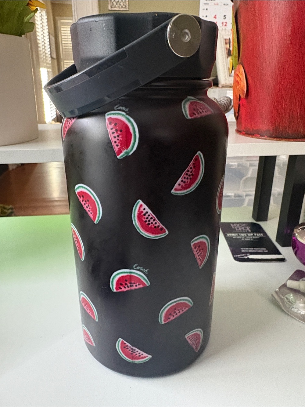 Coach Black Water Bottle with Pink and Green Watermelon Print